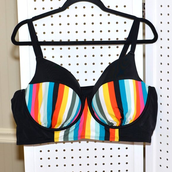 Plus Size 44DDD Cacique Swim Colorful Rainbow Stripe Longline Bikini Top - Picture 1 of 9
